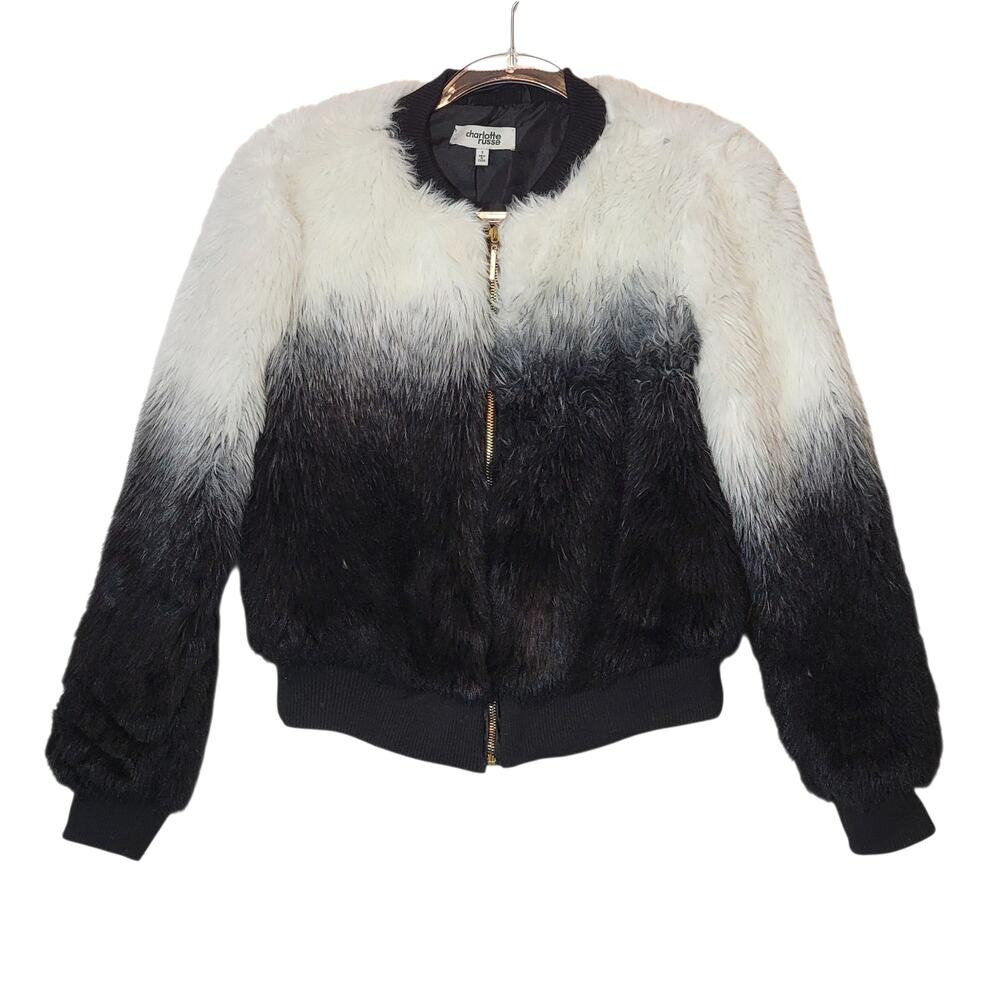Charlotte Russe Black White Faux Fur Bomber Jacket Zip Front Size S Cozy Chic